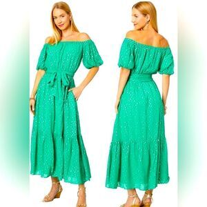 Lilly Pulitzer  Tamie Botanical Green Metallic Off-Shoulder Midi Dress Size XXS